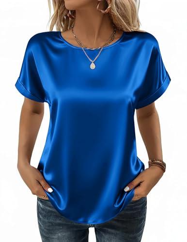 Zeagoo Silk Satin Blouses for Women Business Casual Outfit Cute Going Out Top Summer Short Sleeve Tee Shirt Basic Tshirts Royal Blue XXL