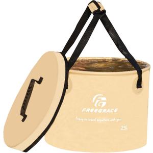 Premium Collapsible Bucket by Freegrace - Compact Portable Folding Water Container - Lightweight & Durable - Includes Handy Tool Mesh Pocket (23L (Lid), Khaki(upgraded))