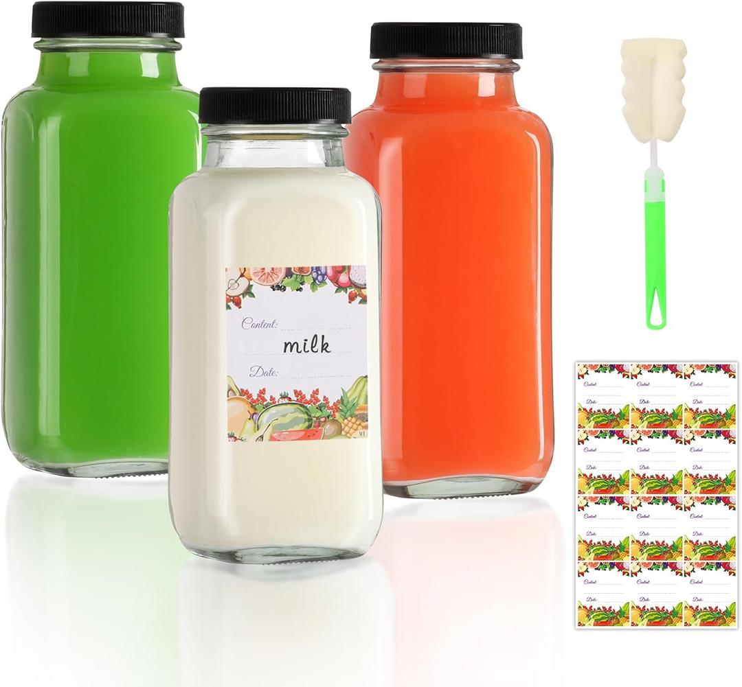 AuroTrends 8 oz Glass Bottles with Lids 3Pack, 250ml Glass Juice Bottles with Lids 8 oz for Water, Kombucha, Coffee, (8fl.oz, Set of 3)
