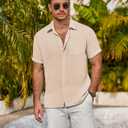 COOFANDY Men's Short Sleeve Button Down Shirts Summer Casual Textured Shirt Vacation Beach Wedding Shirts with Pocket (Beige, M)
