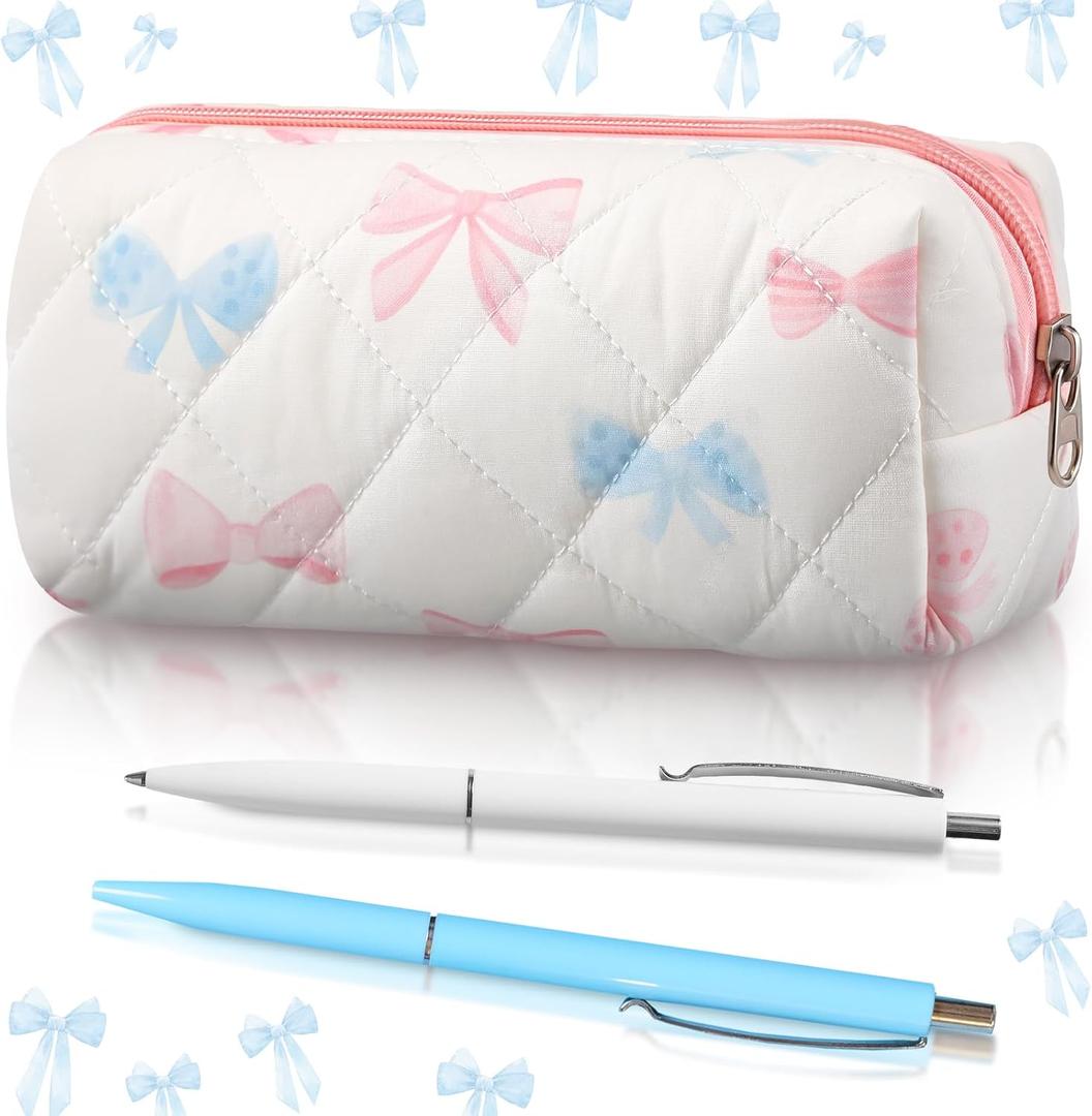 Sherr Coquette Bow Pencil Case Pink Blue Bow Cute Pencil Pouch Soft Cotton Storage Bag Aesthetic Pattern Gift Makeup Pouch Cosmetic Bag for Women Adults