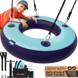 SereneLife 36 Inflatable Tire Swing with Hang Kit, 600lbs Capacity Heavy Duty Tire Swing with UV and Puncture Resistance, 360 Swivel, Hand Pump, Adjustable Ropes, Carry Bag, Hangs on Trees and Posts