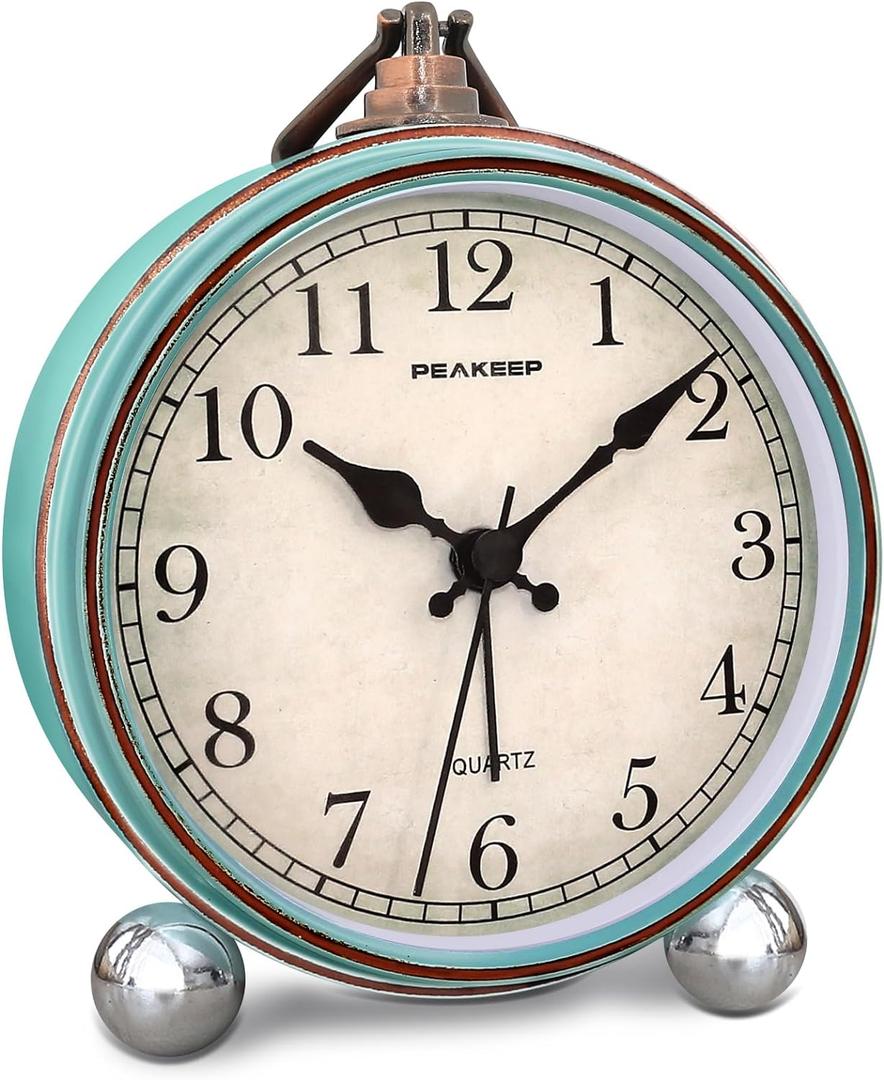 Peakeep 4" Small Battery Operated Antique Retro Analog Alarm Clock for Room Decor, Silent Elegant Bedside Desk Table Gift Clock (Aqua)