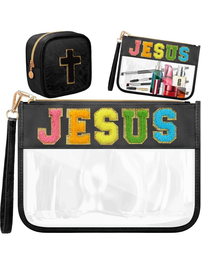 Kacctyen Pack of 2 Christian Chenille Letter PVC Makeup Cosmetic Bag, Faith-themed Gift, Bible Learning Supplies Bag for Christian Women White