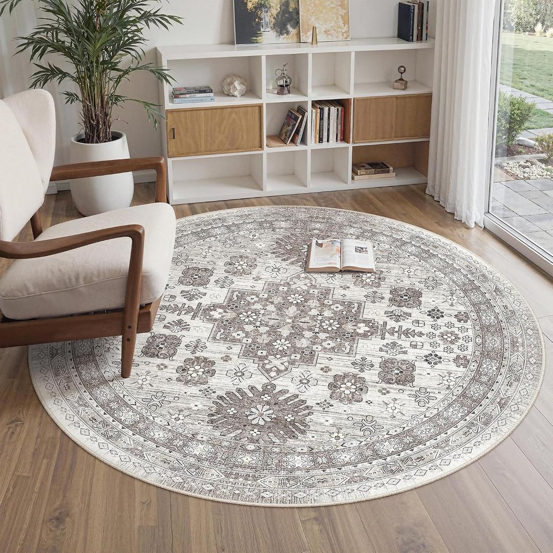 zesthome Washable Round Area Rugs - Non-Slip 6ft Round Rugs, Ultra-Thin Large Circle Rugs for Living Room, Soft Low Pile Rug for Bedroom, Kitchen, Nursery - Vintage Round Rug(Brown/Beige,6'x6')