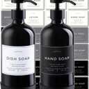 Hand and Dish Soap Dispenser for Kitchen and Bathroom, Set of 2 16 Oz Glass Bottles, Stainless Steel Pumps, Non-Slip Silicone Base, 27 Waterproof Labels (Gloss Black Bottle/Black Pump)
