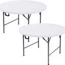 Fitted Round Table Covers 60 Inch-2 Pack White Elastic Spandex Table Cloth-Small Stretch Folding Circle Tablecloths Topper Cap for Kitchen Dining Commercial Party Picnic Event Banquet Tables