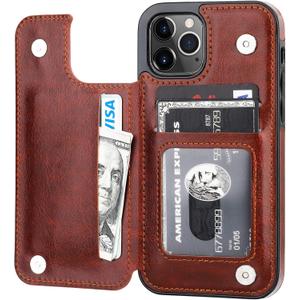 ONETOP Compatible with iPhone 12 Compatible with iPhone 12 Pro Wallet Case with Card Holder, PU Leather Kickstand Card Slots Case, Double Magnetic Clasp Durable Shockproof Cover 6.1 Inch(Brown)