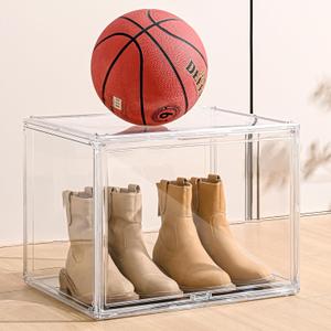 4 Pack XXX-Large Clear Display Case 17.7" x 13" x 13" Extra Large Display Organizer Box with Magnetic Door, Stackable Acrylic Storage Bin for Boots, Shoes, Collectibles, Bags, Figures
