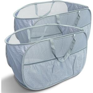 Collapsible Laundry Baskets 2 Pack, Mesh Pop Up Hamper with Handles, Portable Stair Basket, Dorm or Room Folding Bin, Dirty Clothes Hamper Light Breathable. Grey. 2H