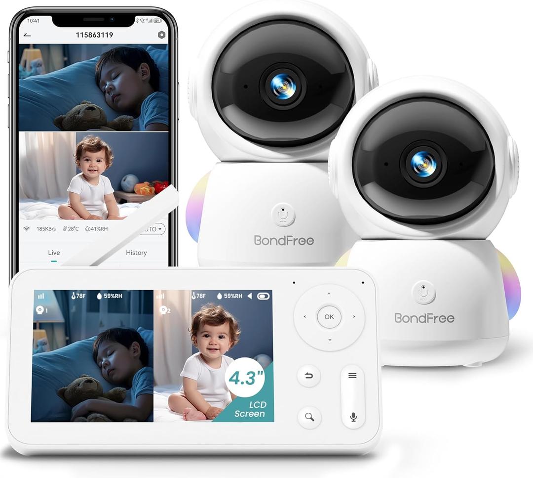 BondFree 2K Baby Monitor with 2 Cameras and Audio, Baby Monitor no WiFi RGB Night Light, Baby Monitor WiFi Smartphone 2.4G for Nursery, Pet, Elderly, 355 Rotation, Compatible with Alexa Google Home