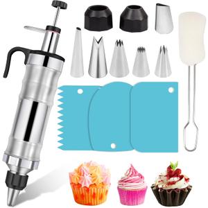 Dessert Decorating Syringe Set Frosting Piping Kit Stainless Steels Cake Decorating Tool 6 Russian Piping Icing Nozzles Cream Scraper Cupcake Frosting Filling Injector Cake Icing Tools (Black)