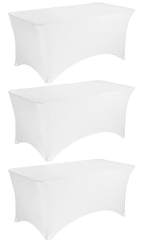 JALANCY 3 Pack 6FT Spandex Table Covers Washable Wrinkle Resistant Stretch Table Cloth for Folding Table Wedding Party Birthday Banquet Bar Events（White）