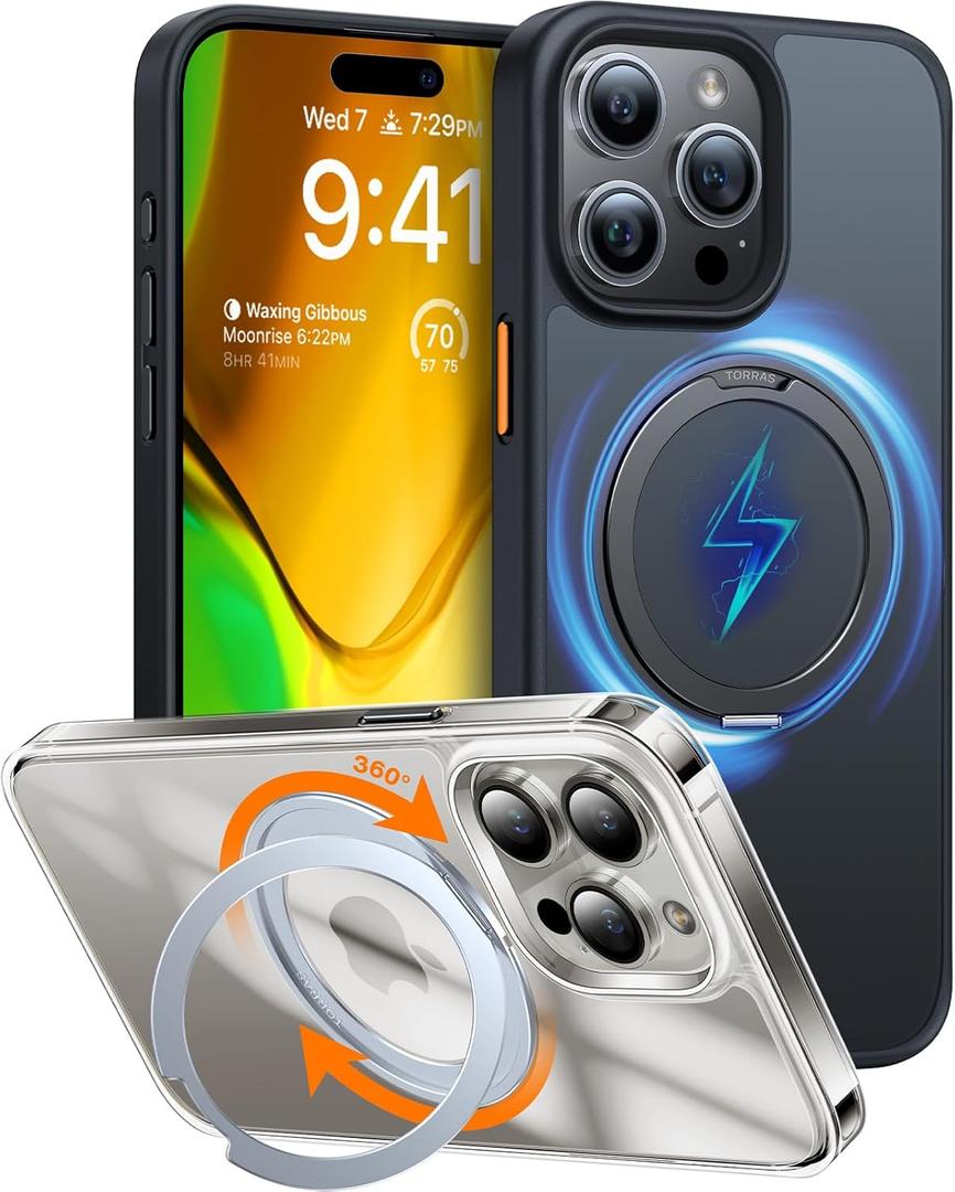 TORRAS 360Rotatable Ring for iPhone 15 Pro Case, Compatible with MagSafe 15 Pro Case with Stand Translucent Slim Protective Ring Holder Military Grade Shockproof Cover for 15 Pro 2023, Black