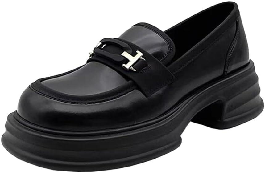 Womens Platform Loafers Patent Leather Slip On Lug Sole Loafers Chunky Heel Comfortable Penny Casual Work Shoes (Black,7)
