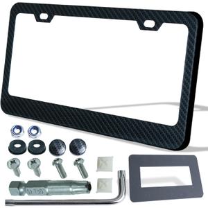 Carbon Fiber License Plate Frame, Carbon Patterns Printed Black Aluminum Plate, Upgraded 1.5mm Thickness, 2 Holes Wide Edge, Stainless Steel Anti-Theft Screws, Crash Pad, 1 Pack