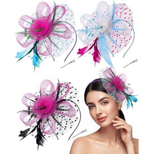 Yunsailing 3 Pack Fascinators Hats for Women Tea Party Mesh Flower Derby Fascinator Hat with Headband and Clip for Derby Events Wedding