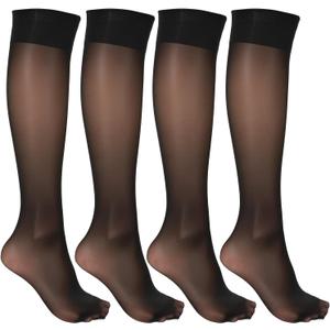 Yolev 4 Pairs Sheer Knee High Stockings for Womenblack Nylon Knee High Socks with Reinforced Toe (One Size)