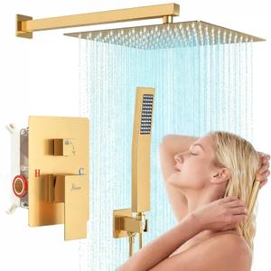 Hawkrown 8 Inch Luxury Rain Shower Faucet Set, Brushed Gold Shower System with Rainfall Shower Head and Handheld Spray, SUS304 Stainless Steel and Solid Brass Wall Mounted Shower Valve Trim Kit