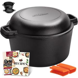 Overmont 2-in-1 Cast Iron Dutch Oven - 5QT Pre-Seasoned All-in-One Casserole Braising Pan with Skillet Lid Cookbook & Silicone Handle Covers - Heavy Duty Oven-Safe Pot for Bread Baking Frying Camping
