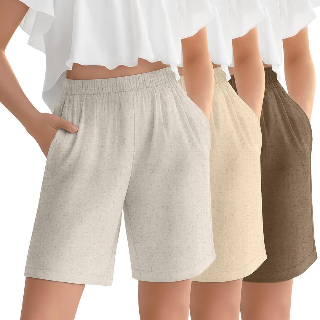 Oakgarden 3 Pack Girls Linen Bermuda Shorts | Knee Length, Elastic Waist, Casual, Loose Fit, Summer, with Pockets, Soft, Breathable, Lightweight, Stretchy, Cute