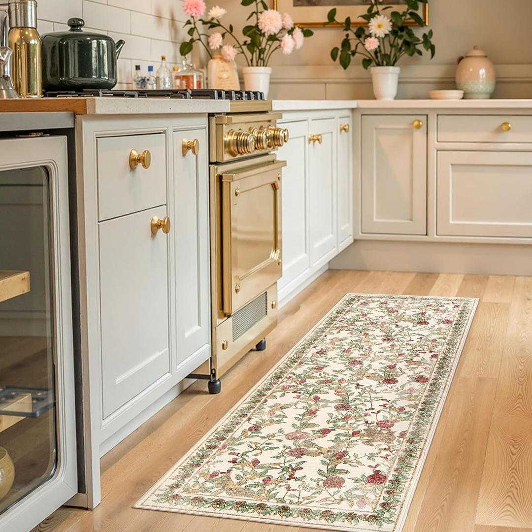 jinchan Eden Floral Washable Runner Rug 2x5 Vintage Hallway Rug Non-Slip Lightweight Soft Thin Kitchen Low Pile Distressed Red Green Carpet for Bathroom Laundry Room Bedroom Entryway