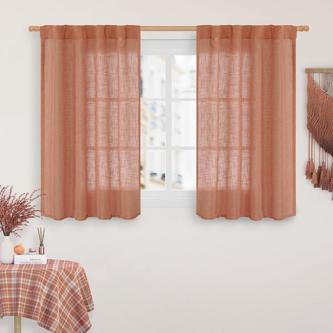 LAMIT Terracotta Linen Curtains 40 Inch for Small Window, Light Filtering Neutral Semi Sheer Window Boho Curtains Back Tab and Rod Pocket Panels for Living Room, 2 Panels, 34 x 40 Inch