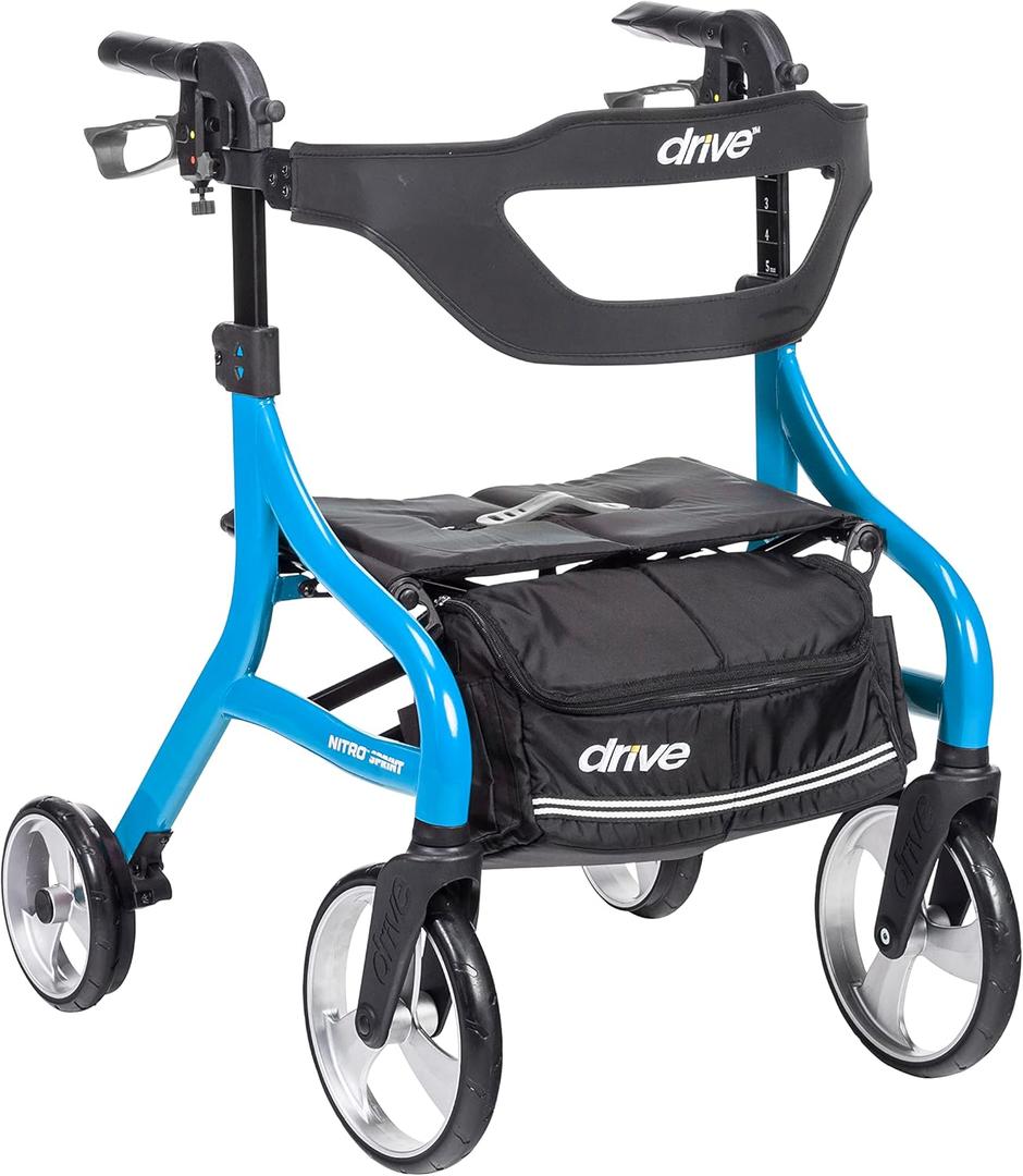 Drive Medical Nitro Sprint Foldable Rollator Walker with Seat, Petite Height Lightweight Rollator with Large Wheels, Folding Rollator, Short Rolling Walker for Seniors and Adults, Blue