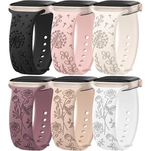 6 Pack Floral Engraved Silicone Bands Compatible for Apple Watch Band 38mm 40mm 41mm 42mm 44mm 45mm 46mm 49mm Women,Flower Sport Straps for iWatch Series 10 9 8 se Ultra 7 6 5 4 3 2 (Black/Starlight/Pink/Milk Tea/Smoke Violet/White)