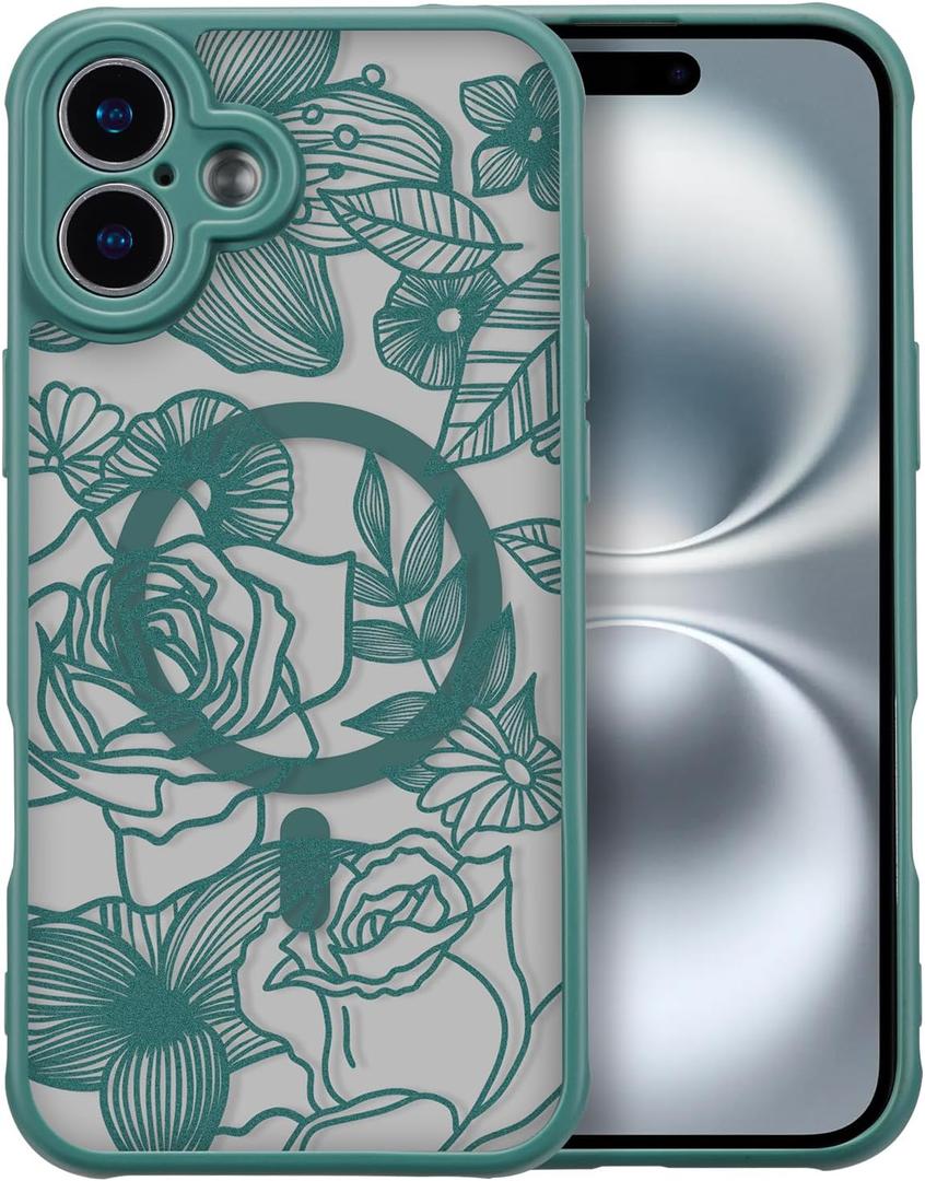 XIZYO Magnetic Case for iPhone 16 Floral Rose Cute Phone Case [Compatible with Magsafe] for Women Girls Aesthetic Pattern Slim TPU Shockproof Bumper Cover, Deep Green