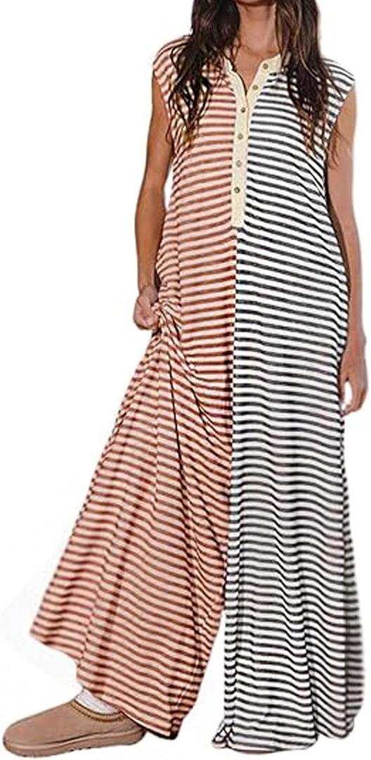 CHARTOU Loose Striped Wide Leg Jumpsuit for Women Summer Romper Flowy Pants Comfy Sleeveless Button Baggy Overalls, X-Large, Grey