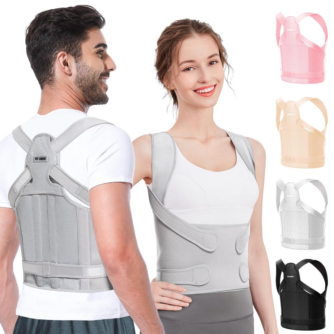Fit Geno Back Brace Posture Corrector for Men & Women: Shoulder Straightener Adjustable Full Back Support Pain Relief - Scoliosis Hunchback Spine Corrector (Large/X-Large) (Gray)
