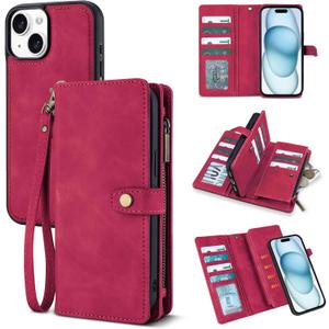 TwoHead Wallet Case Compatible with iPhone 15,Detachable Magnetic Phone Case,All-Round Protective Leather Phone Case with Card Holder,6.1 in,Wine Red