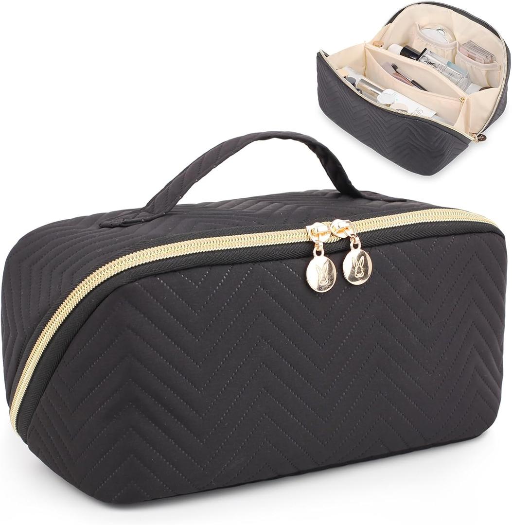 Makeup Bag Cosmetic Bag, Large Capacity Travel Makeup Bag for Women with Portable Pouch Open Flat Water-resistant Toiletry Organizer Bag with Handle Divider, Black