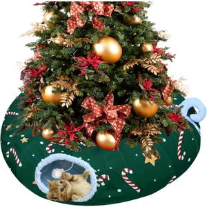 LUCKITTY Cat Tunnel Bed in Christmas Style with Star, Crutches, Candy, and Snowflakes Patterns - 3FT x 3FT x 9.8 INCH Size Green Decorative for Festive Felines