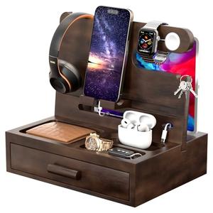 melafa365 Nightstand Organizer for Men,Phone Docking Station with Cable Management,Night Stand with Drawer,Bedside Organizer for Watches,Keys,Wallets,Gifts for Men(Brown)