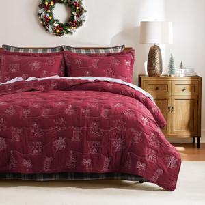 WDCOZY Christmas Quilt Twin Size Bedding Set with 1 Pillow Shams, Lightweight Bedspread Holiday Red Coverlet Reindeer Santa Claus Christmas Tree Pattern Comforter for All Seasons Bed Cover Home Decor