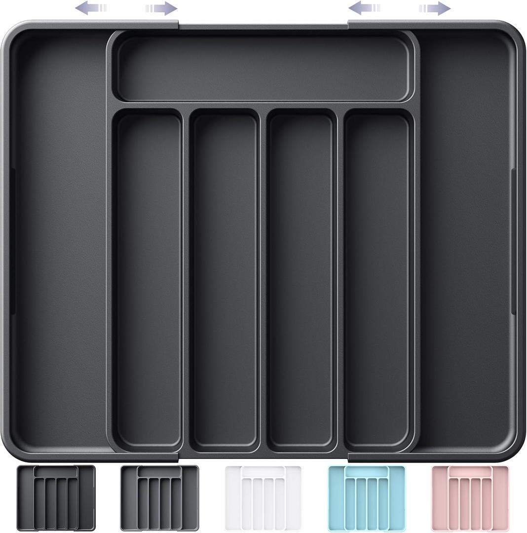 Kitsure Cutlery Drawer Organiser for Kitchen - Adjustable Cutlery Tray for Effortless Utensil Sorting, Versatile Kitchen Storage & Organisation Solution, 12.13" x 1.54" x 8.07"~13.90", Black (Medium)