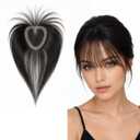 Anemone Human Hair Topper 20g Clipless Magic Paste Hairpiece 8x10cm Free Parting Lace Fringe Bangs for Thinning Hair No Clips (1B Lace French Bangs)