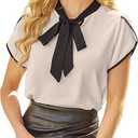 Avanova Women Short Sleeve Blouses Tie Neck Petal Tulip Sleeve Tops Work Business Shirts XS, Beige Black