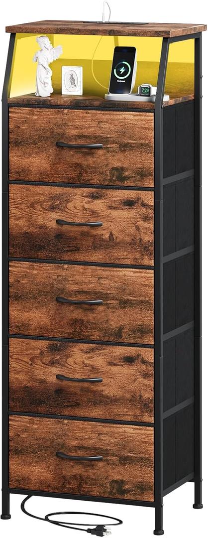 Somdot Tall Nightstand with Charging Station and LED Light for Bedroom, 5 Drawers Dresser with Fabric Bins for Bedside Kids Dorm Room Closet Laundry Entryway, Wood Grain Print (11"D x 16.5"W x 45.3"H (5 Drawers)