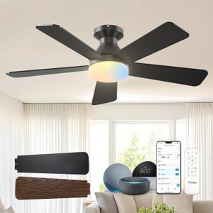 Amico 42 inch Smart Ceiling Fans with Lights, Small Low Profile Ceiling Fan, Remote/Alexa Voice Control, Flush Mount, Reversible DC Motor, 5 Blades, 6 Speeds, 3CCT, Dimmable, Noiseless, Bedroom, Black