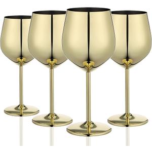 Gold Wine Glasses Set of 4, 18oz Unbreakable Gold Goblet, Stainless Steel Wine Glass, Metal Wine Glass for Outdoor, Travel, Camping, Pool, Ideal Gift for Wine Lovers