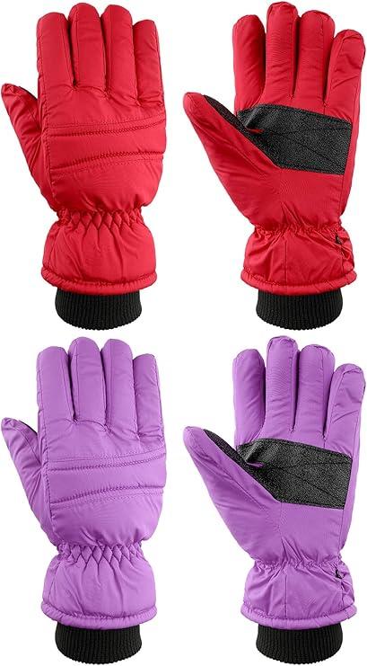Geyoga 2 Pairs Kids Ski Gloves Waterproof Winter Mittens Warm Gloves Snow Mittens for Children(Purple and Red,36 Years)