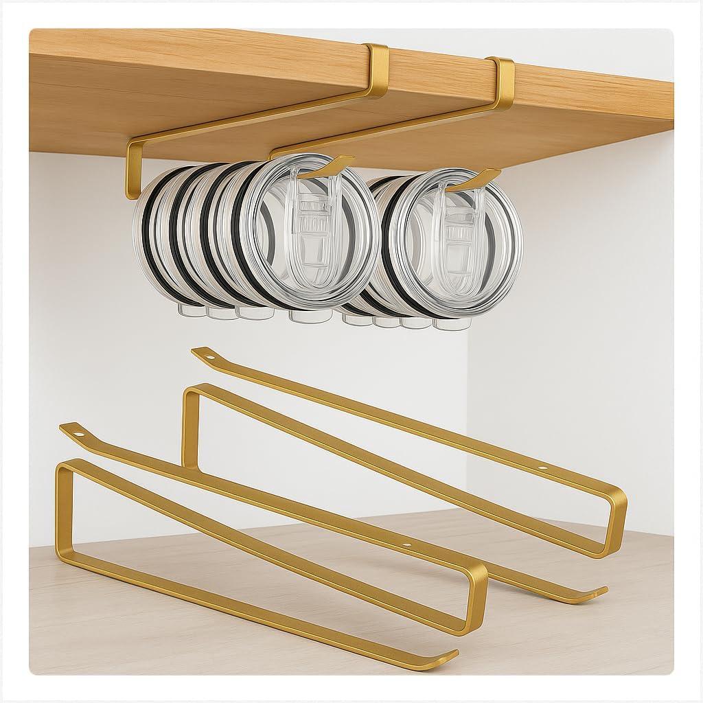 2 Pack Gold Tumbler Lid Organizer  Horizontal Stanley Lid Storage Hooks for 10 Lids  Under Cabinet Space-Saving Coffee Cup & Paper Towel Holder  Kitchen Hanging Rack
