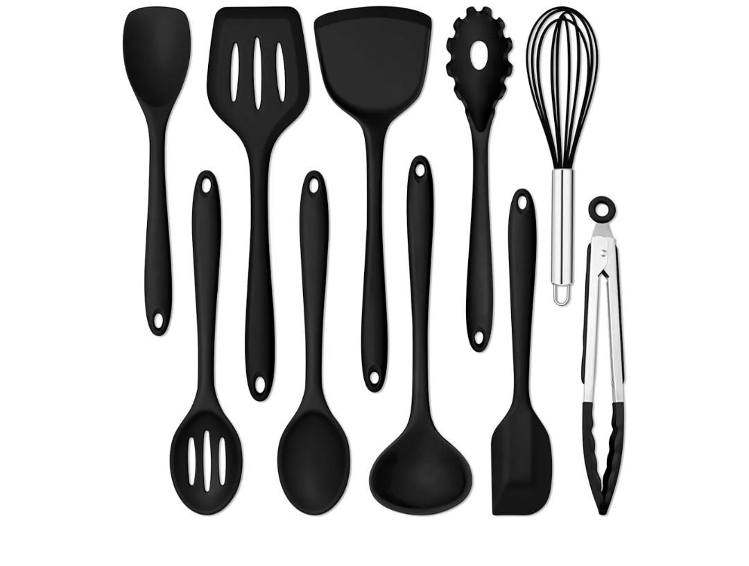E-far 10 Pieces Silicone Cooking Utensils Set, Heat Resistant Kitchen Utensil Set for Nonstick Cookware, Kitchen Cooking Tools with Spatula, Spoon, Slotted Turner, Non-Toxic & Dishwasher Safe (Black)