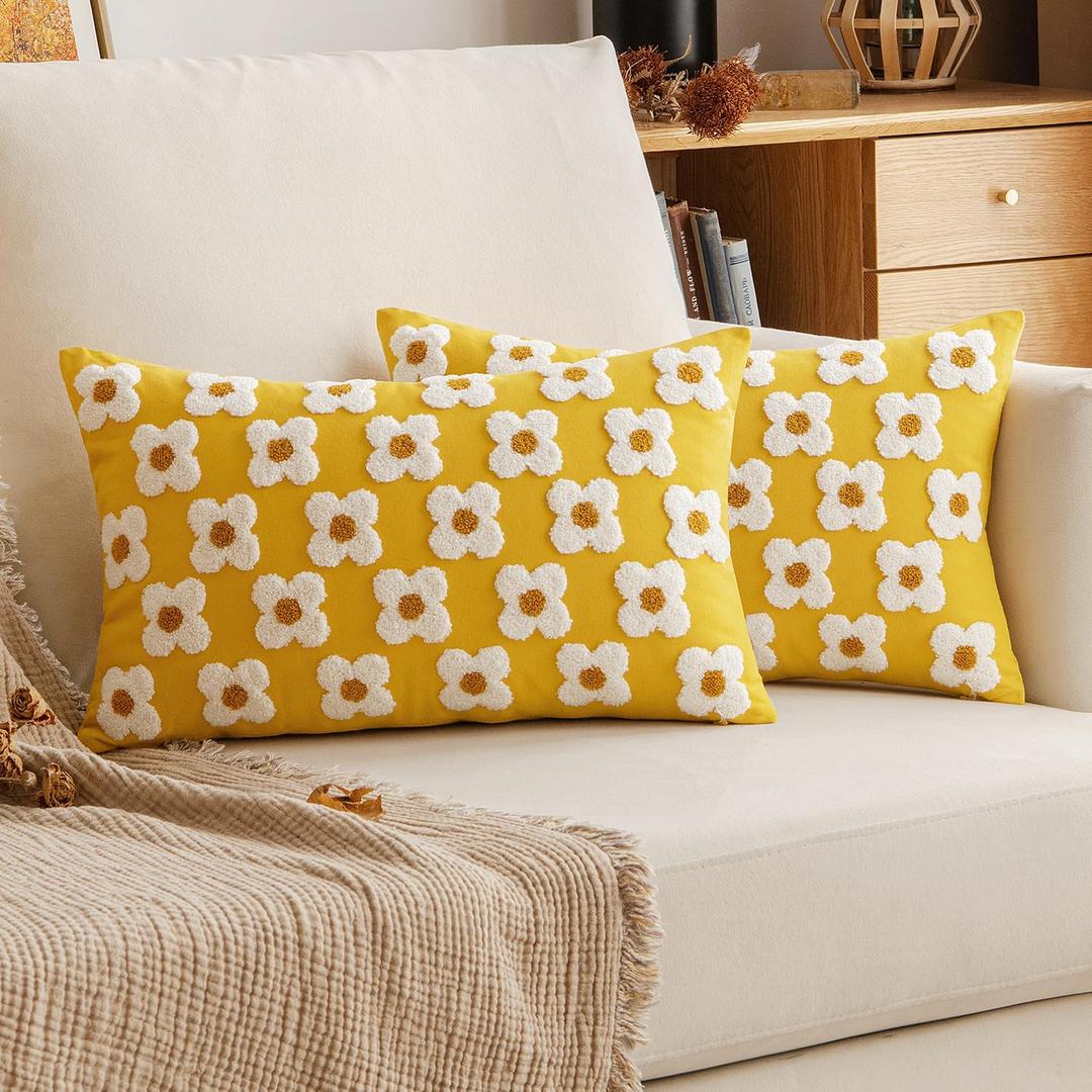 EMEMA Fall Yellow Decorative Throw Pillow Covers 12x20 Inch Set of 2 Sun Flower Jacquard Daisy Cute Pillowcase Cushion Case Rectangle for Couch Sofa Bed Living Room Bedroom