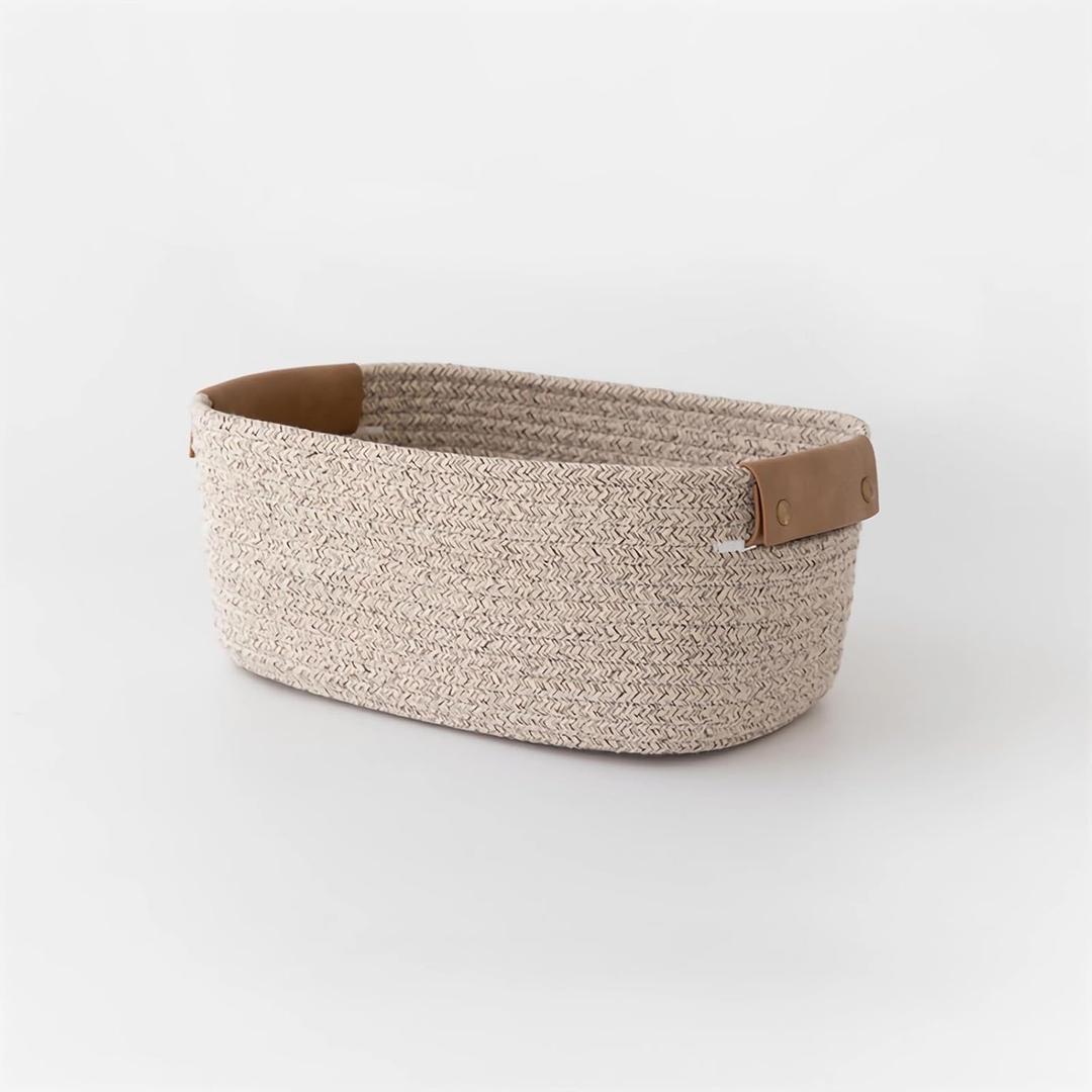 Small Cotton Woven Basket with PU Leather Handle, Baby Kids Clothes Toys Candy Gifts Cotton Rope Organizer, for Living Room Bathroom Shower Storage Laundry, Dog Cat Bed, Fall Basket, Coffee