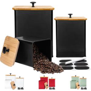 Kitchen Canisters Set of 3, Metal Flour Sugar Storage Containers with Airtight Lids-Canisters Sets for Kitchen with Customizable Chalkboard Labels & Marker Pen-Spice, Coffee Storage Jars(Black)