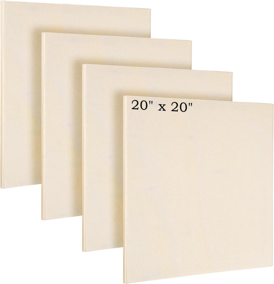 Aodaer 4 Pack Wood Panels 20 x 20 Inch Wooden Panels Canvas Unfinished Craft Wood Boards Panel for Art Crafts Acrylic and Oil Painting Pouring DIY Projects